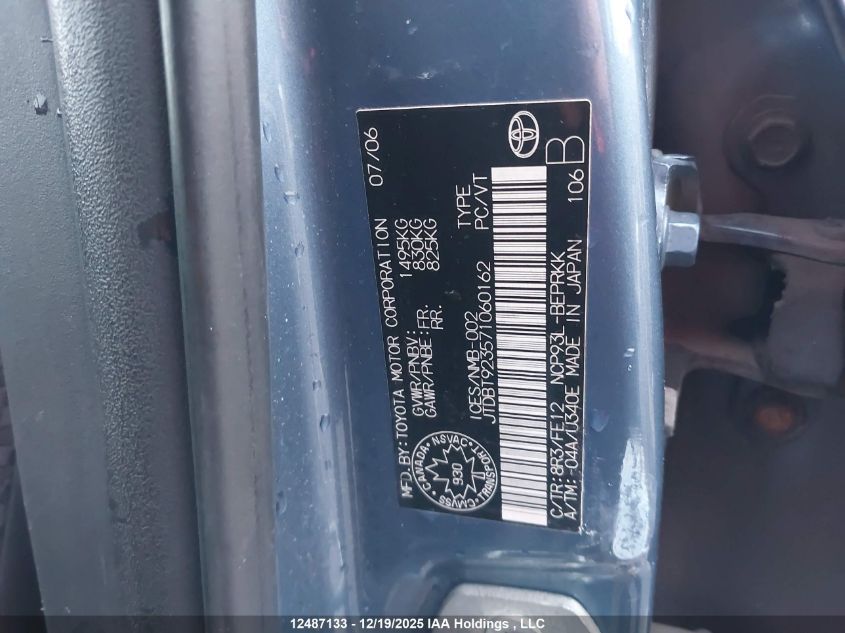 2007 Toyota Yaris VIN: JTDBT923571060162 Lot: 12487133X