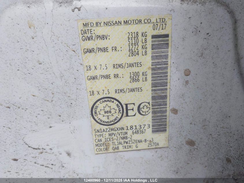 2017 Nissan Murano S VIN: 5N1AZ2MGXHN181373 Lot: 12480960X