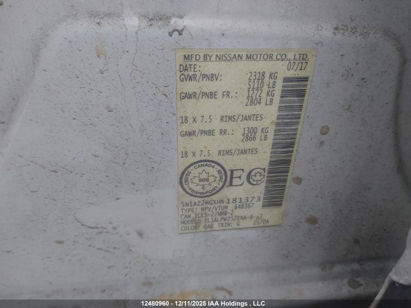 2017 Nissan Murano S VIN: 5N1AZ2MGXHN181373 Lot: 12480960X