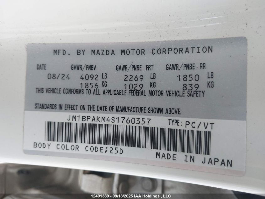 2025 Mazda Mazda3 Gx VIN: JM1BPAKM4S1760357 Lot: 12401389X