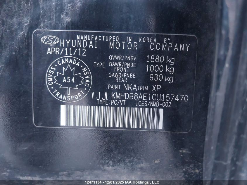 2012 Hyundai Elantra Touring Gl/Gls/Gls Sport/L VIN: KMHDB8AE1CU157470 Lot: 12471134X