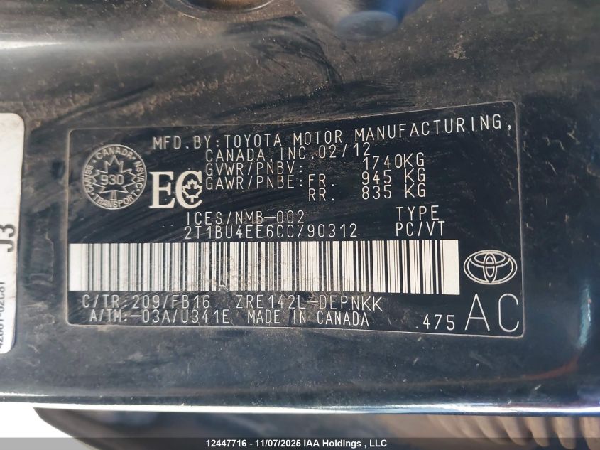 2012 Toyota Corolla Le VIN: 2T1BU4EE6CC790312 Lot: 12447716X