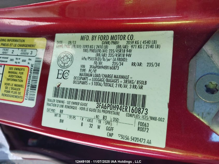 2014 Ford Fusion Se VIN: 3FA6P0H94ER160873 Lot: 12449108X