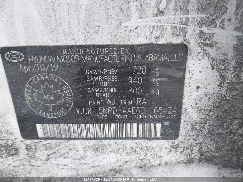 2013 Hyundai Elantra Gl VIN: 5NPDH4AE6DH165474 Lot: 12474826X