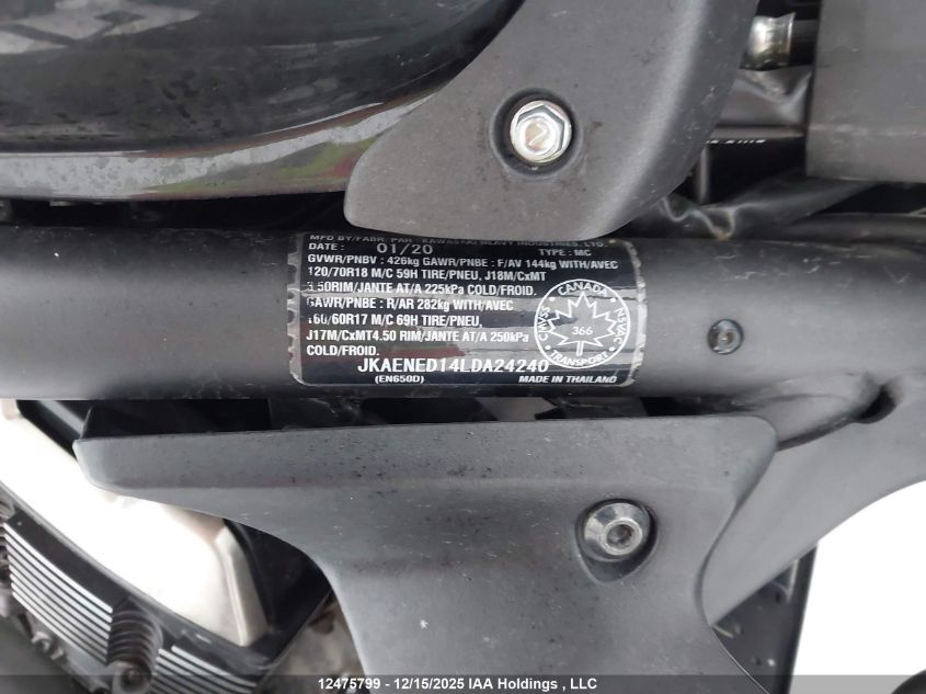 2020 Kawasaki En650 Vulcan S Abs VIN: JKAENED14LDA24240 Lot: 12475799X