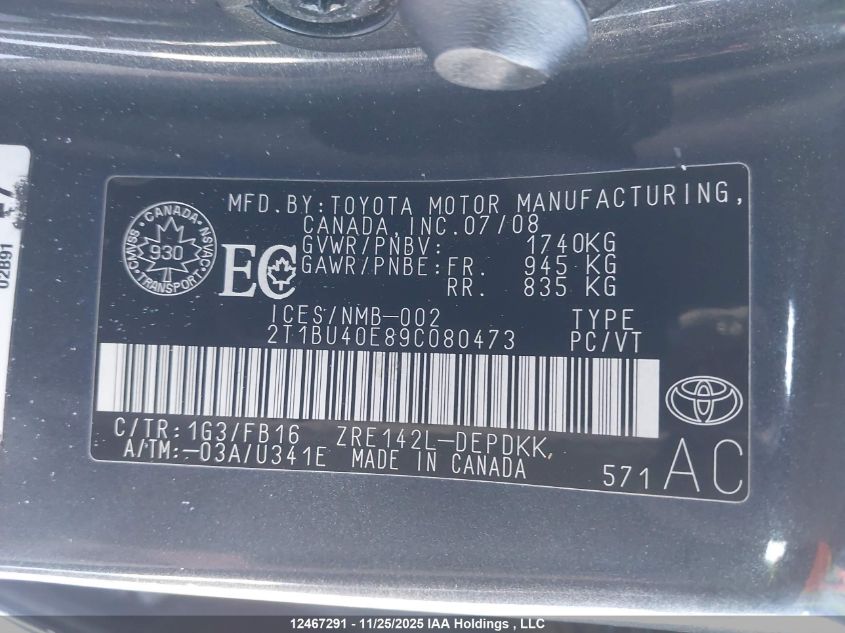 2009 Toyota Corolla Ce VIN: 2T1BU40E89C080473 Lot: 12467291X