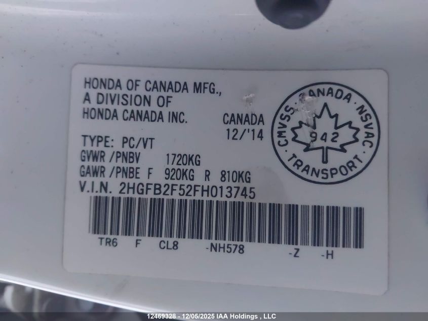 2015 Honda Civic Ex 4Dr VIN: 2HGFB2F52FH013745 Lot: 12469328X