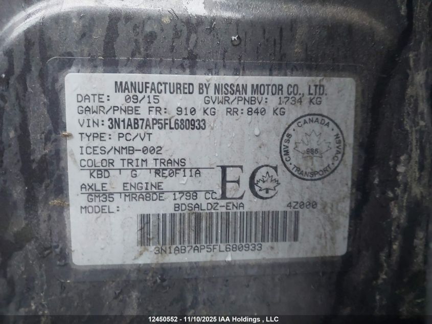 2015 Nissan Sentra 1.8 S/1.8 Sl/1.8 Sr/1.8 Sv VIN: 3N1AB7AP5FL680933 Lot: 12450552X