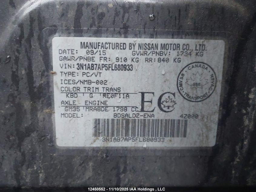 2015 Nissan Sentra 1.8 S/1.8 Sl/1.8 Sr/1.8 Sv VIN: 3N1AB7AP5FL680933 Lot: 12450552X