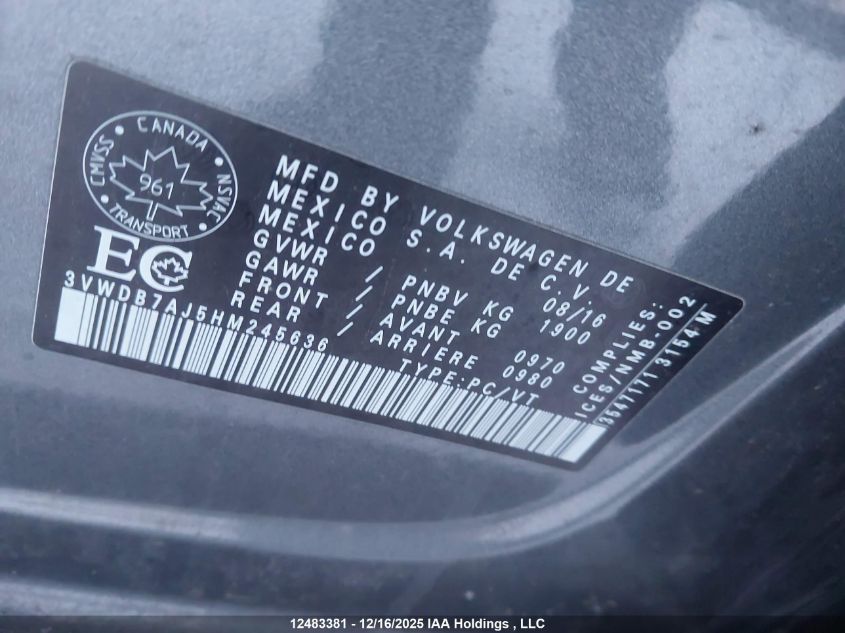 2017 Volkswagen Jetta Wolfsburg Edition VIN: 3VWDB7AJ5HM245636 Lot: 12483381X