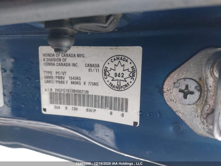 2011 Honda Civic Dx-G VIN: 2HGFG1B33BH002120 Lot: 12485888X