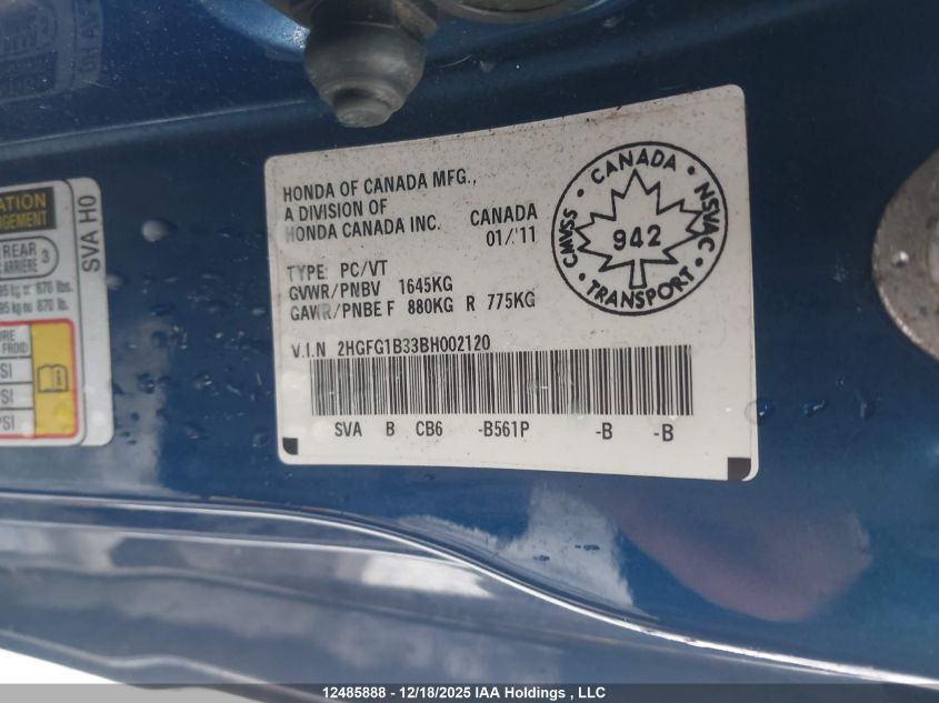 2011 Honda Civic Dx-G VIN: 2HGFG1B33BH002120 Lot: 12485888X