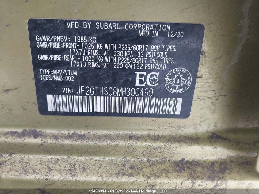 2021 Subaru Crosstrek Outdoor VIN: JF2GTHSC8MH300499 Lot: 12496314