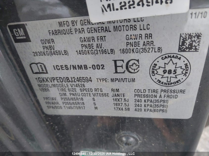 2011 GMC Acadia Sle VIN: 1GKKVPED0BJ246594 Lot: 12496545