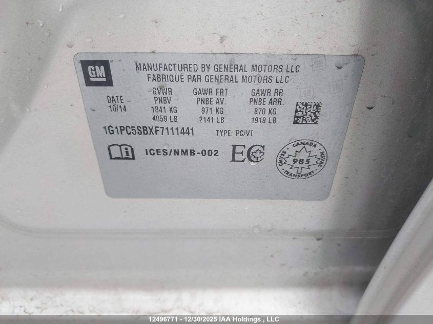 2015 Chevrolet Cruze Lt VIN: 1G1PC5SBXF7111441 Lot: 12496771