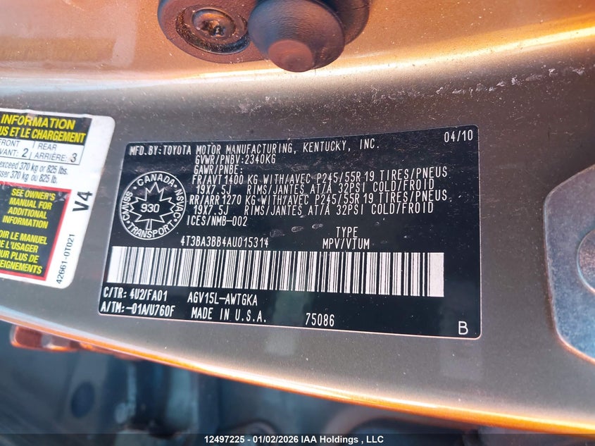 2010 Toyota Venza VIN: 4T3BA3BB4AU015314 Lot: 12497225