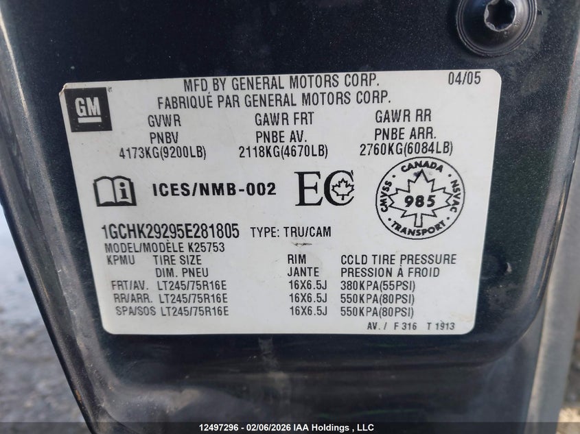 2005 CHEVROLET SILVERADO PICKUP 6.6L V8 FI F