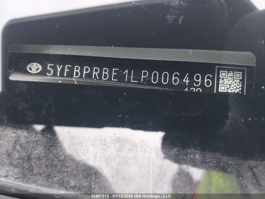 2020 Toyota Corolla L VIN: 5YFBPRBE1LP006496 Lot: 12497813