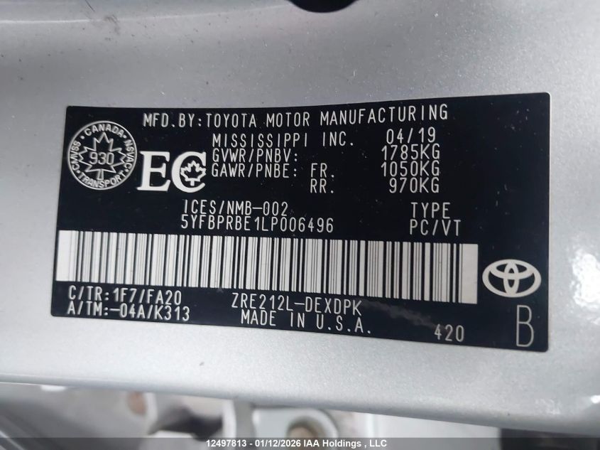 2020 Toyota Corolla L VIN: 5YFBPRBE1LP006496 Lot: 12497813