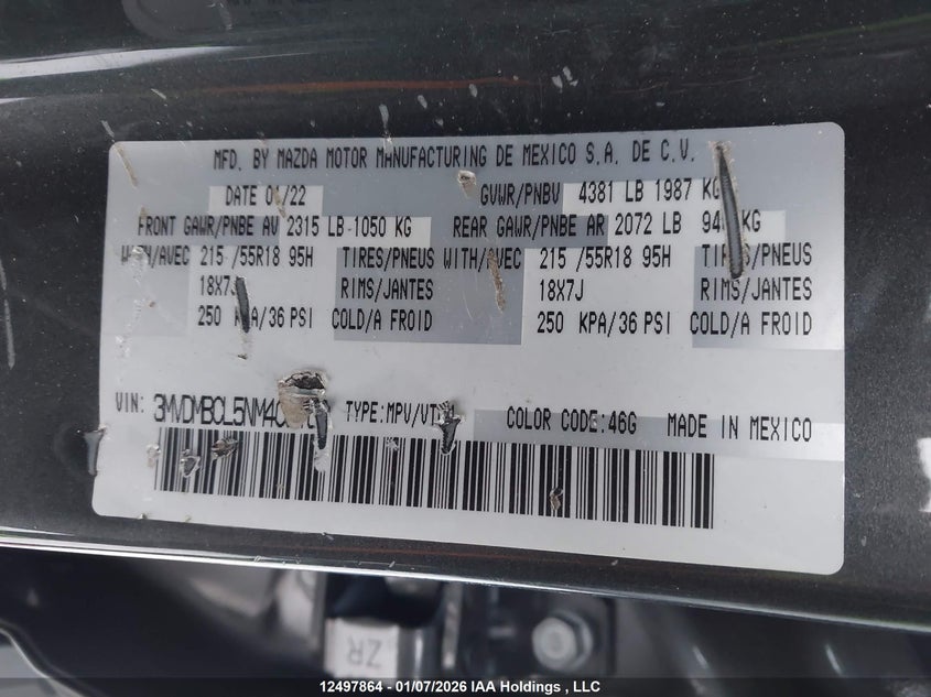 2022 Mazda Cx-30 Gs VIN: 3MVDMBCL5NM403160 Lot: 12497864