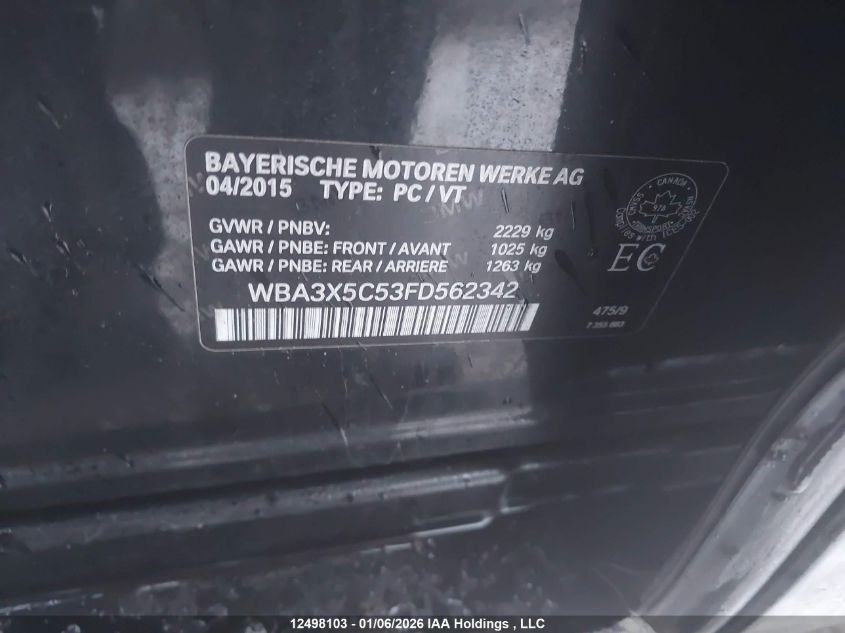 2015 BMW 328I Gran Turismo xDrive VIN: WBA3X5C53FD562342 Lot: 12498103