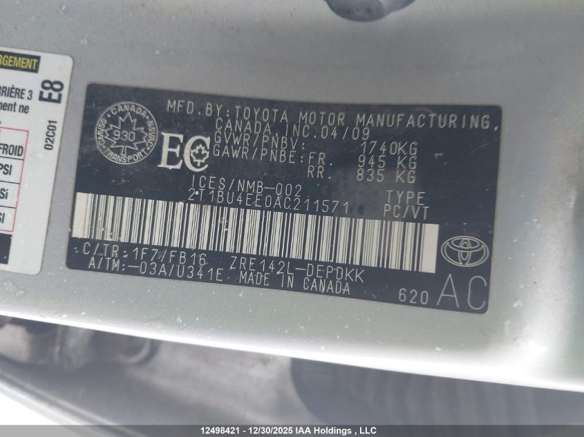 2010 Toyota Corolla S/Le/Xle VIN: 2T1BU4EE0AC211571 Lot: 12498421