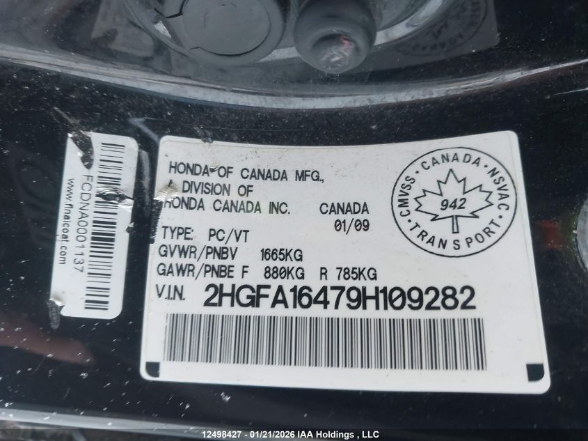 2009 Honda Civic Dx-G VIN: 2HGFA16479H109282 Lot: 12498427