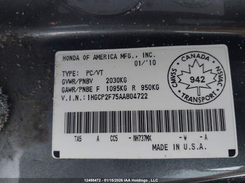 2010 Honda Accord Ex VIN: 1HGCP2F75AA804722 Lot: 12498472