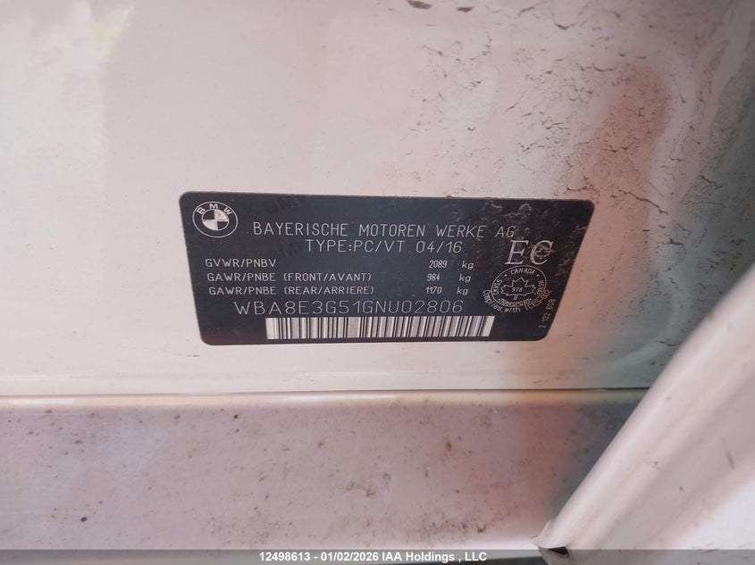 2016 BMW 328I xDrive VIN: WBA8E3G51GNU02806 Lot: 12498613