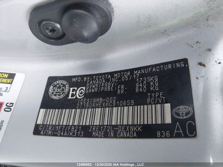 2017 Toyota Corolla L/Le/Xle/Se/Xse VIN: 2T1BURHEXHC910659 Lot: 12498852