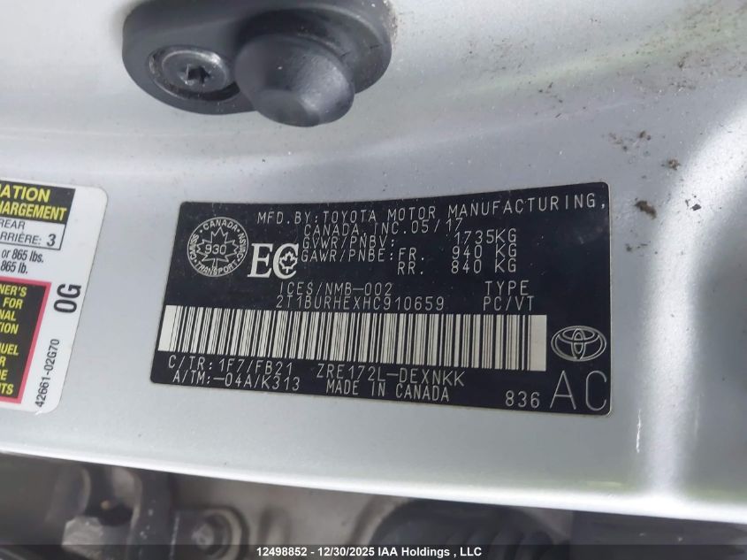 2017 Toyota Corolla L/Le/Xle/Se/Xse VIN: 2T1BURHEXHC910659 Lot: 12498852