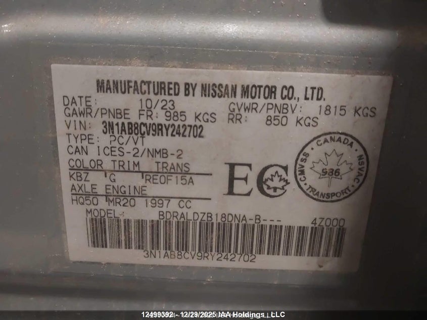 2024 Nissan Sentra Sv VIN: 3N1AB8CV9RY242702 Lot: 12499392