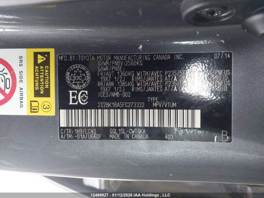 2015 Lexus Rx 350/Base/F Sport VIN: 2T2BK1BA5FC273332 Lot: 12499927