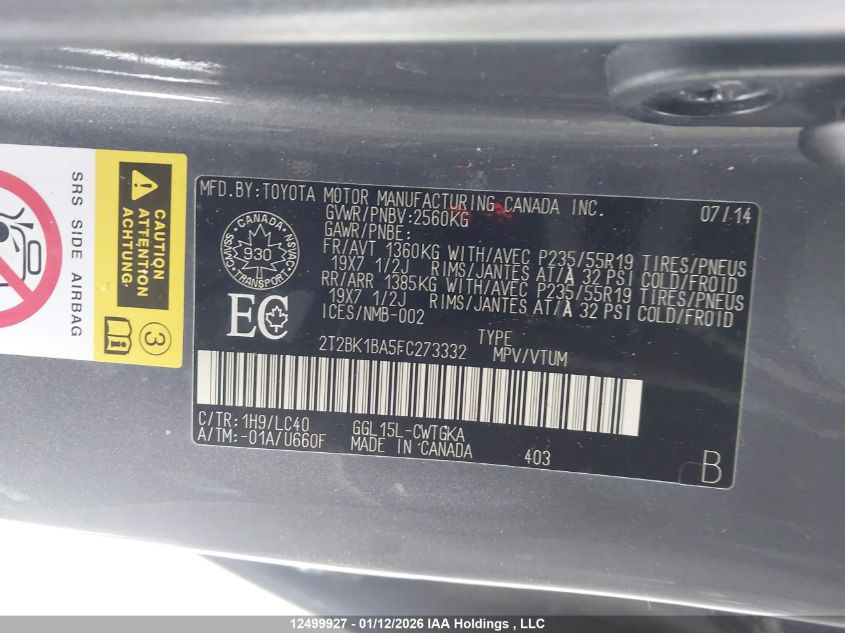 2015 Lexus Rx 350/Base/F Sport VIN: 2T2BK1BA5FC273332 Lot: 12499927