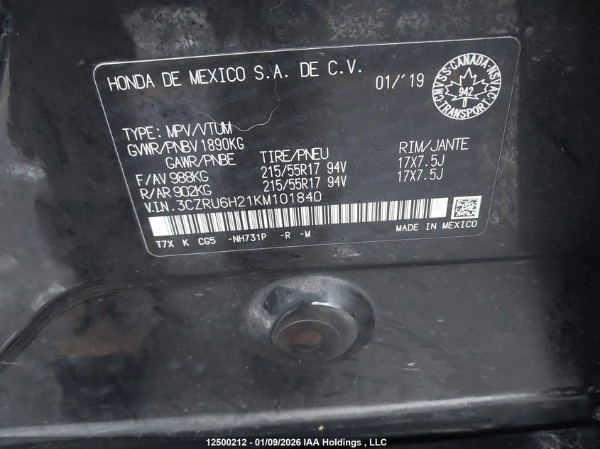 2019 Honda Hr-V VIN: 3CZRU6H21KM101840 Lot: 12500212