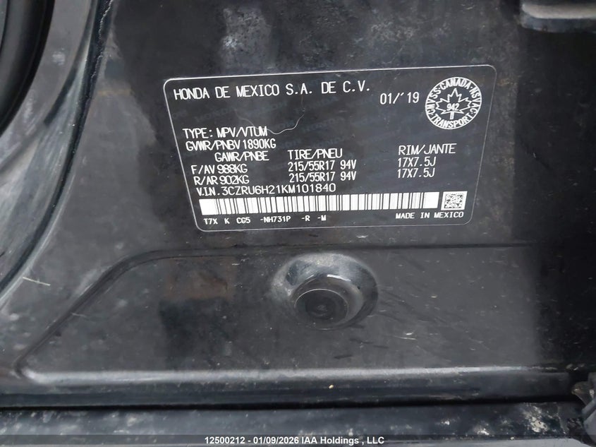 2019 Honda Hr-V VIN: 3CZRU6H21KM101840 Lot: 12500212