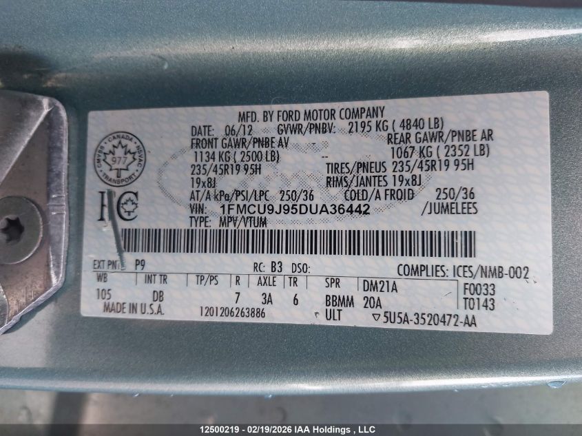 2013 Ford Escape Titanium VIN: 1FMCU9J95DUA36442 Lot: 12500219