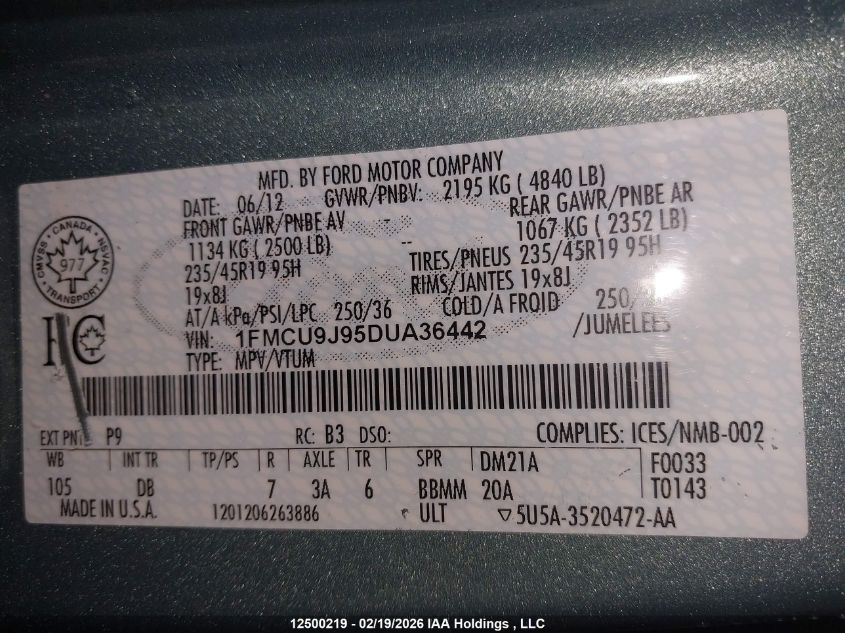 2013 Ford Escape Titanium VIN: 1FMCU9J95DUA36442 Lot: 12500219