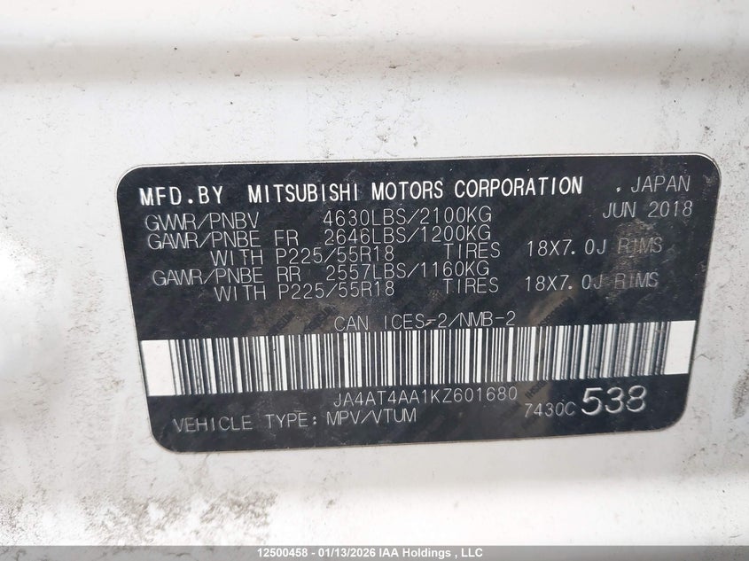 2019 Mitsubishi Eclipse Cross Le/Sp VIN: JA4AT4AA1KZ601680 Lot: 12500458