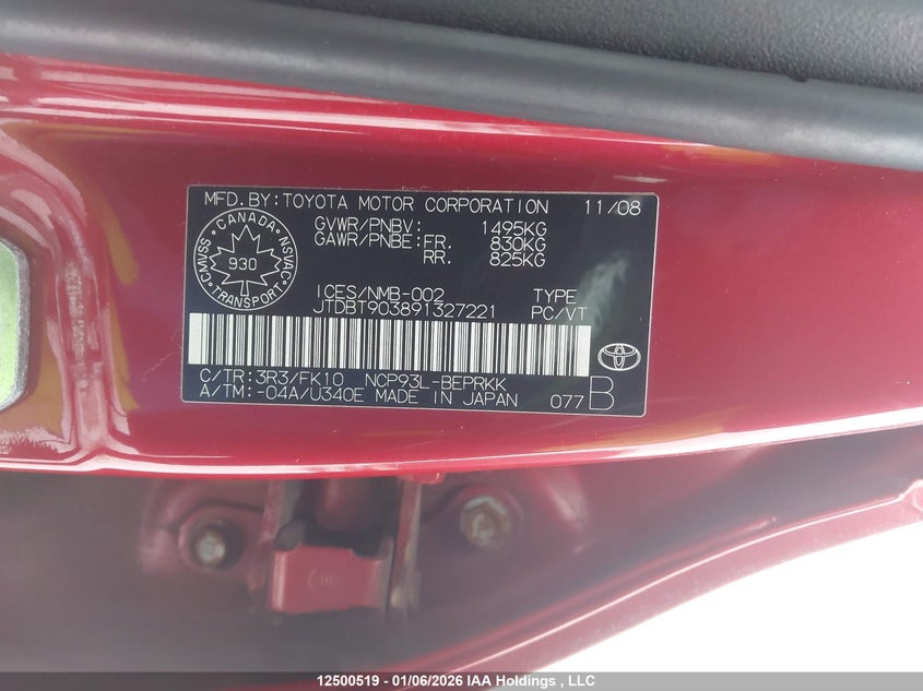 2009 Toyota Yaris VIN: JTDBT903891327221 Lot: 12500519