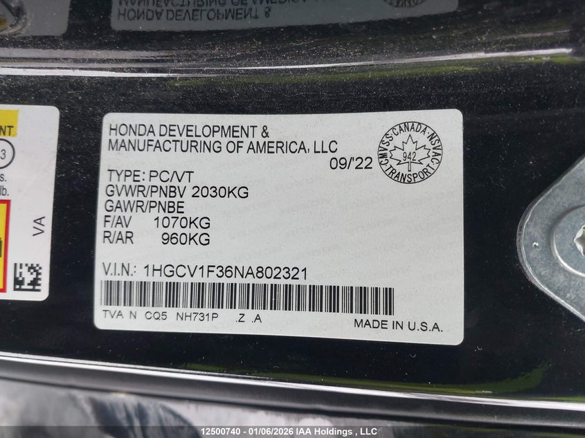 2022 Honda Accord VIN: 1HGCV1F36NA802321 Lot: 12500740