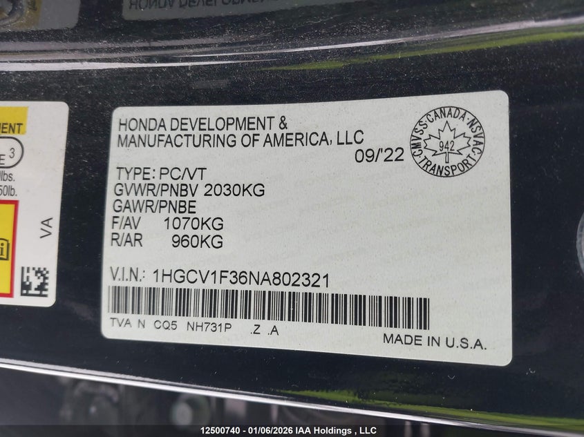 2022 Honda Accord VIN: 1HGCV1F36NA802321 Lot: 12500740