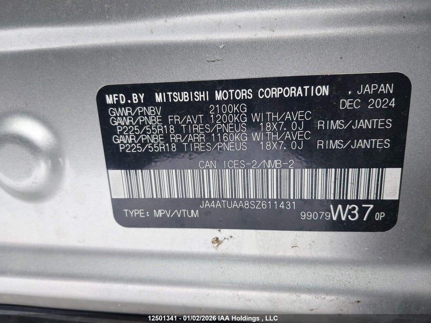 2025 Mitsubishi Eclipse Cross Es VIN: JA4ATUAA8SZ611431 Lot: 12501341