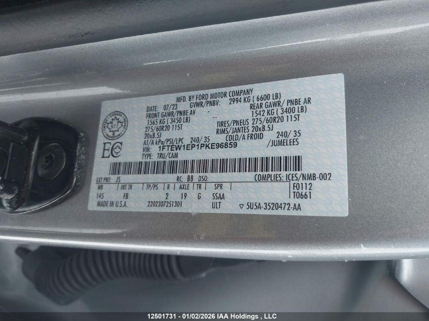 2023 Ford F150 Supercrew VIN: 1FTEW1EP1PKE96859 Lot: 12501731