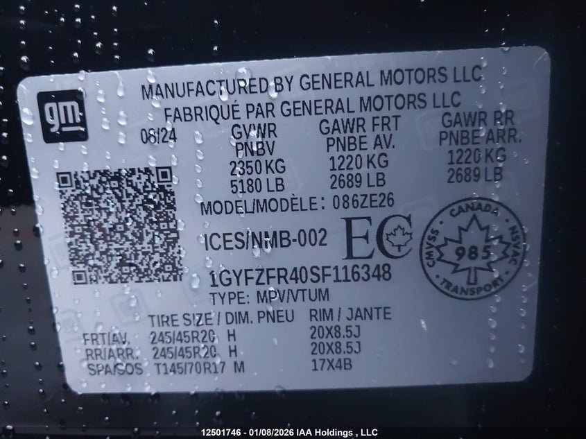 2025 Cadillac Xt4 Sport VIN: 1GYFZFR40SF116348 Lot: 12501746