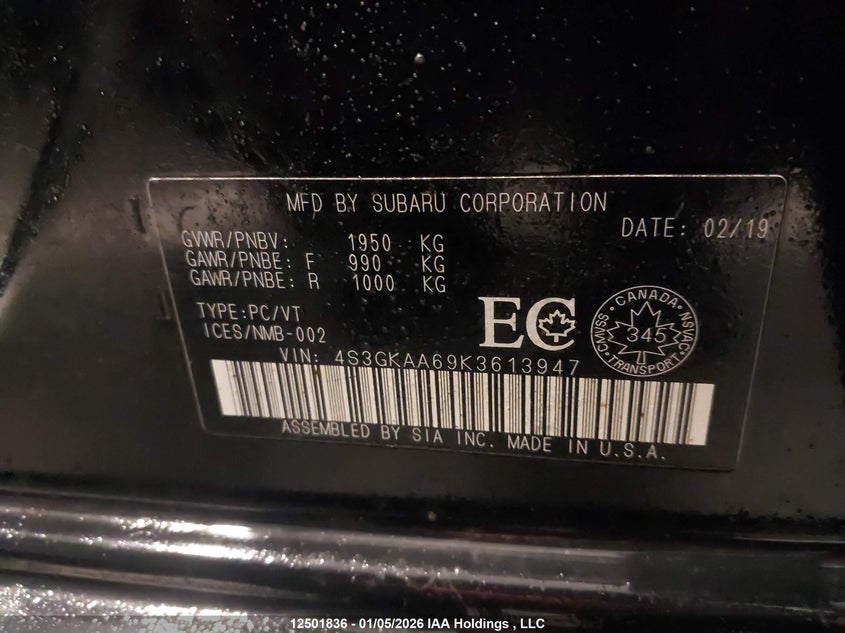 2019 Subaru Impreza VIN: 4S3GKAA69K3613947 Lot: 12501836