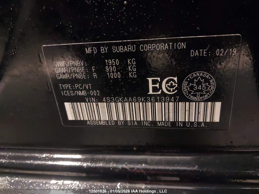 2019 Subaru Impreza VIN: 4S3GKAA69K3613947 Lot: 12501836