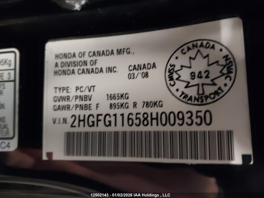 2008 Honda Civic Lx VIN: 2HGFG11658H009350 Lot: 12502143