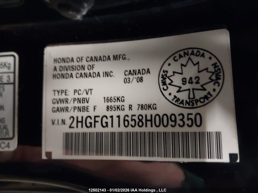 2008 Honda Civic Lx VIN: 2HGFG11658H009350 Lot: 12502143