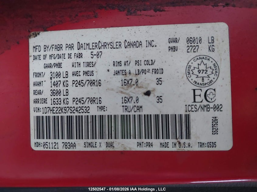 2007 Dodge Dakota St VIN: 1D7HE22K97S242532 Lot: 12502547